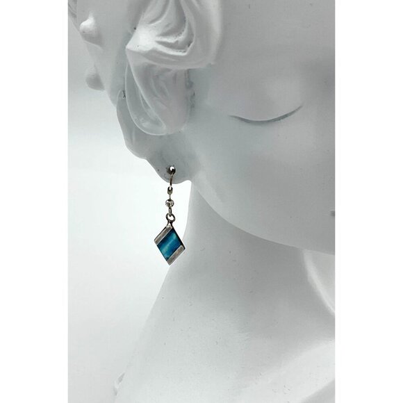 Unbranded Diamond Shaped Abalone Shell Silver Tone Dangle Fish Hook Earrings - Picture 4 of 4